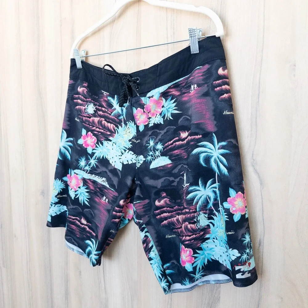 Billabong Mens Board Shorts 33 Black Tropical Floral Palm Tree Recycler Surf
